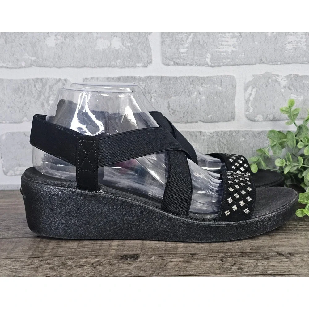 Skechers Rumblers Solar Burst Black Wedge Sandals‎ Women 10 Rhinestone Strappy